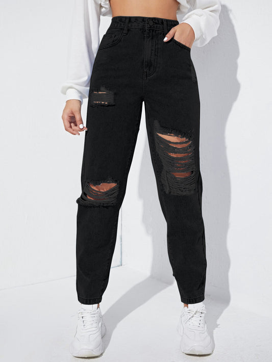 VILEN HIGH WAIST RIPPED DISTRESSED MOM FIT DENIM JEANS