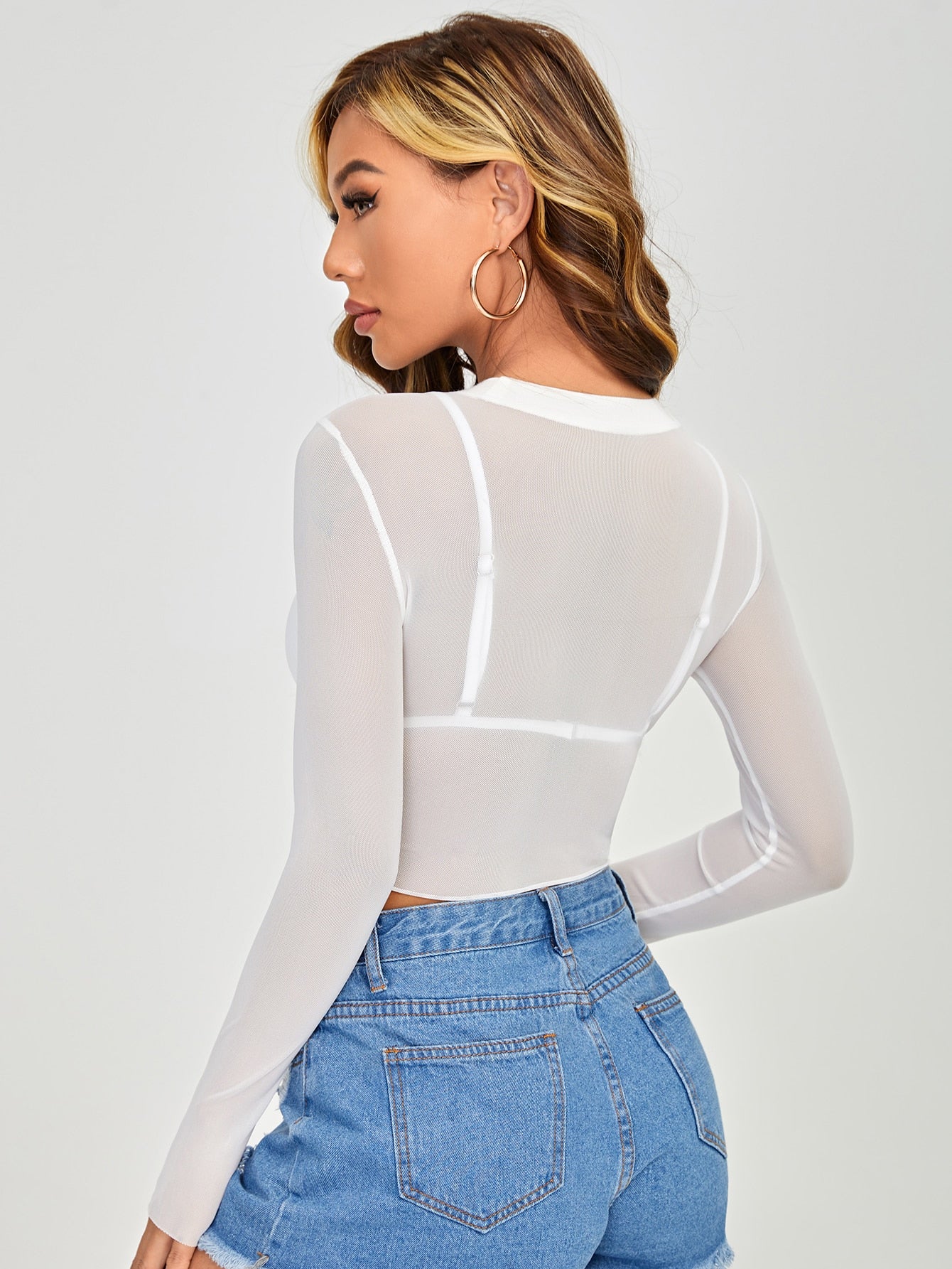 OTTO MESH LONG SLEEVE SHEER SLIM FIT WITHOUT BRA CROP TOP