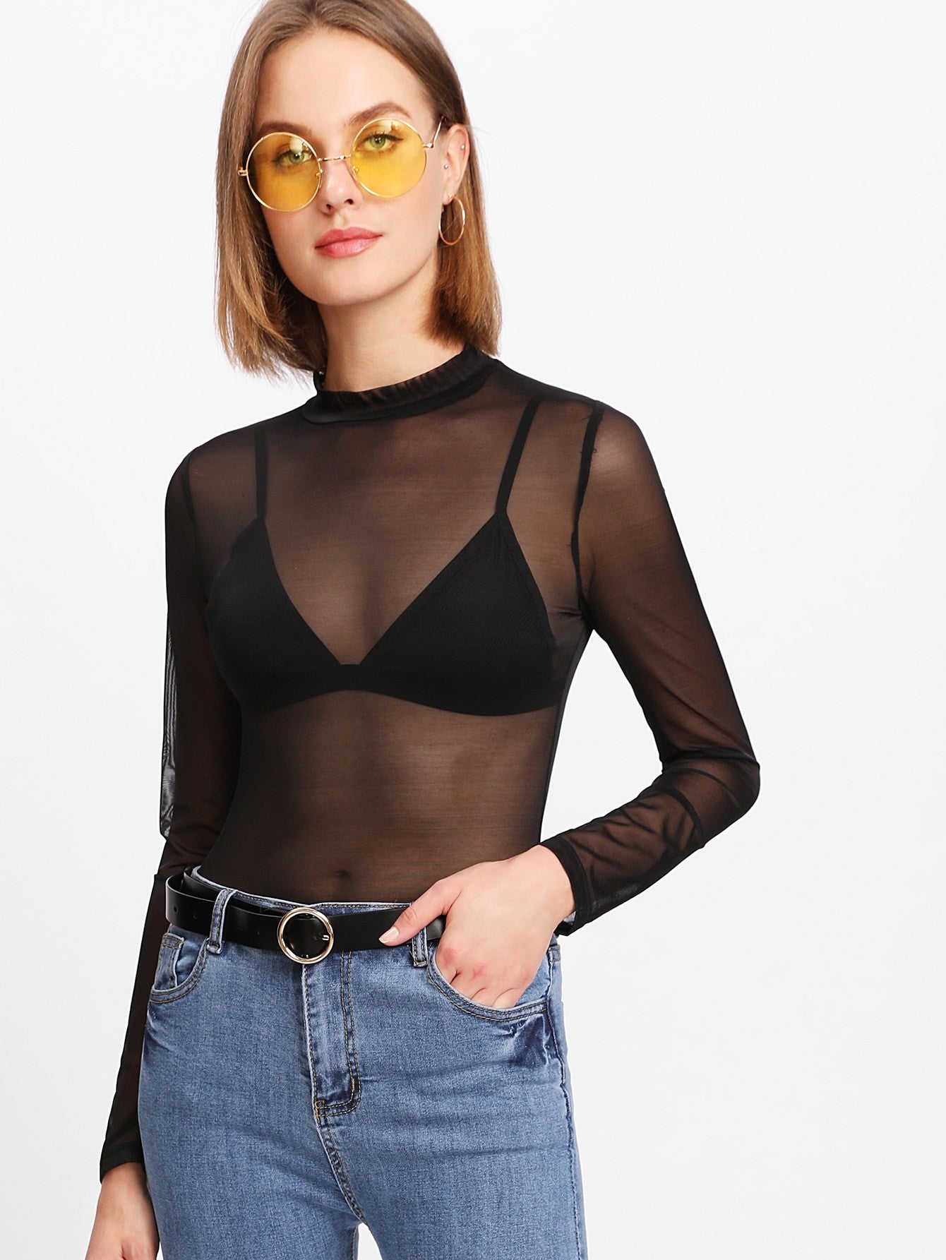 TIMON MESH LONG SLEEVE SHEER SLIM FIT HIGH NECK SEE-THROUGH TOP & T-SHIRT