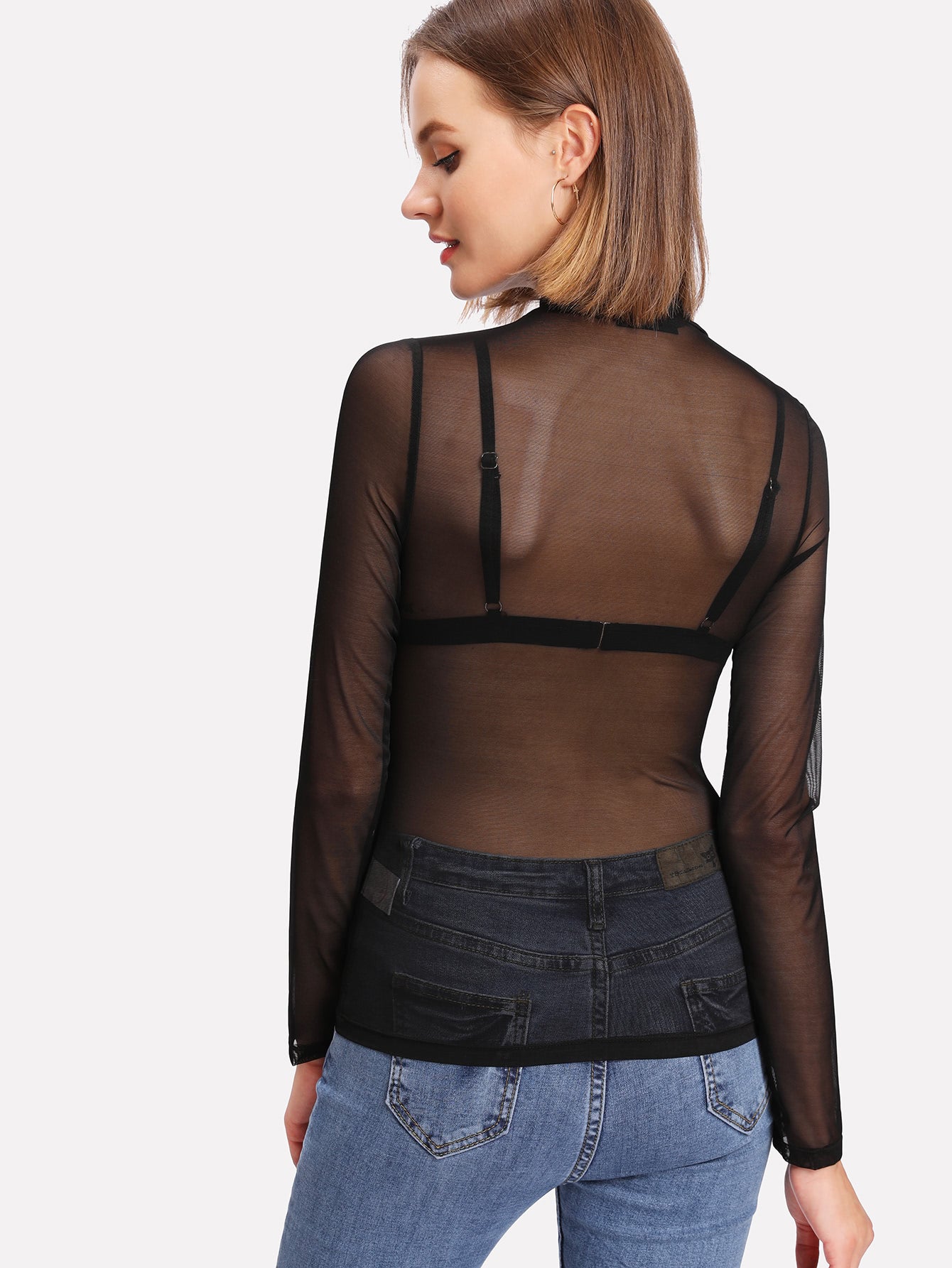 TIMON MESH LONG SLEEVE SHEER SLIM FIT HIGH NECK SEE-THROUGH TOP & T-SHIRT