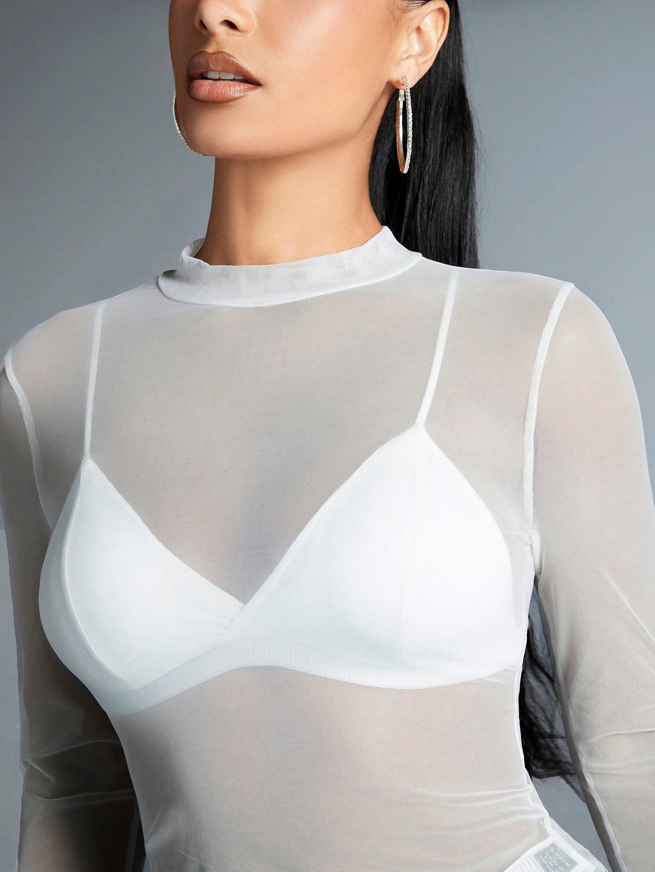 TIMON MESH LONG SLEEVE SHEER SLIM FIT HIGH NECK SEE-THROUGH TOP & T-SHIRT