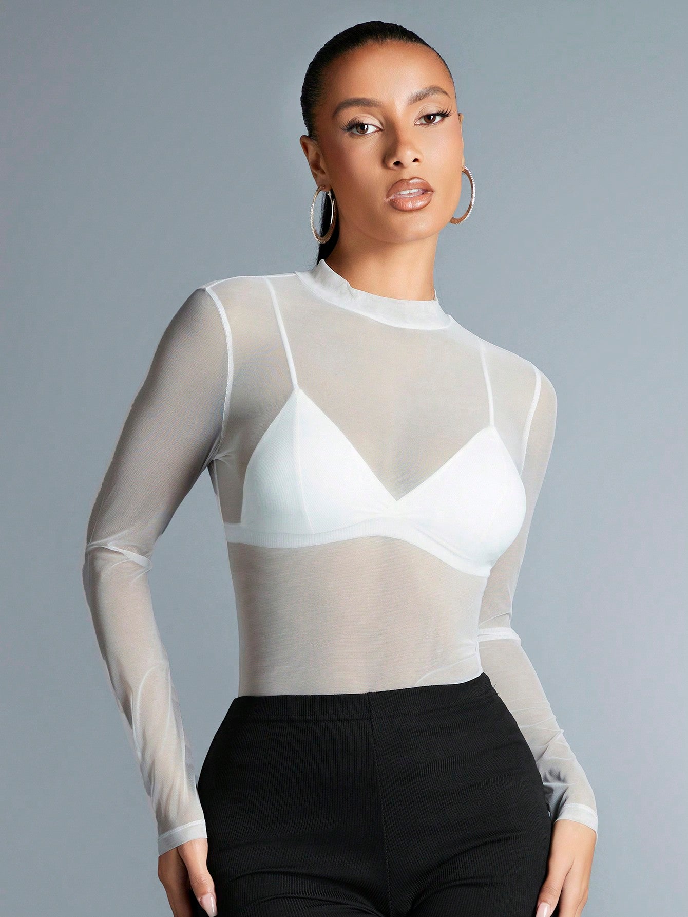 TIMON MESH LONG SLEEVE SHEER SLIM FIT HIGH NECK SEE-THROUGH TOP & T-SHIRT