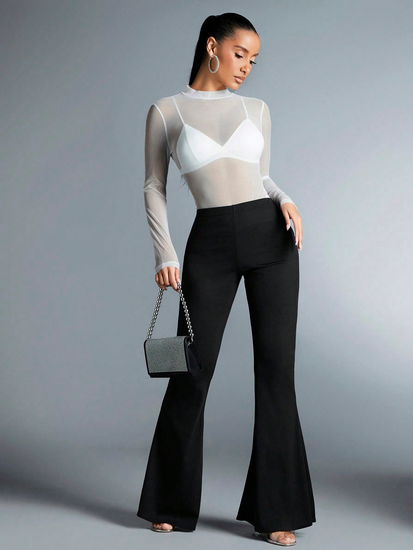 TIMON MESH LONG SLEEVE SHEER SLIM FIT HIGH NECK SEE-THROUGH TOP & T-SHIRT