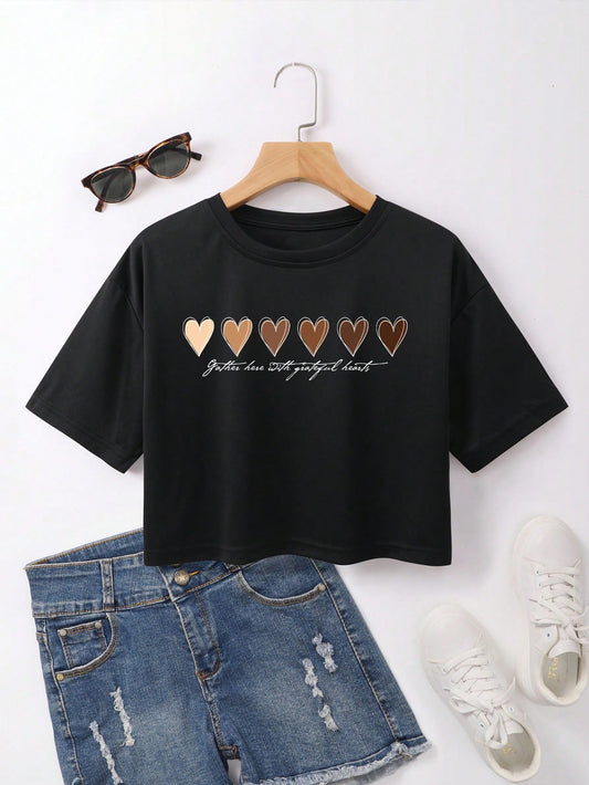 MONARCH SOLID HEART PRINTED GRAPHIC DROP SHOULDER RELAXED FIT CROP TEE TOP