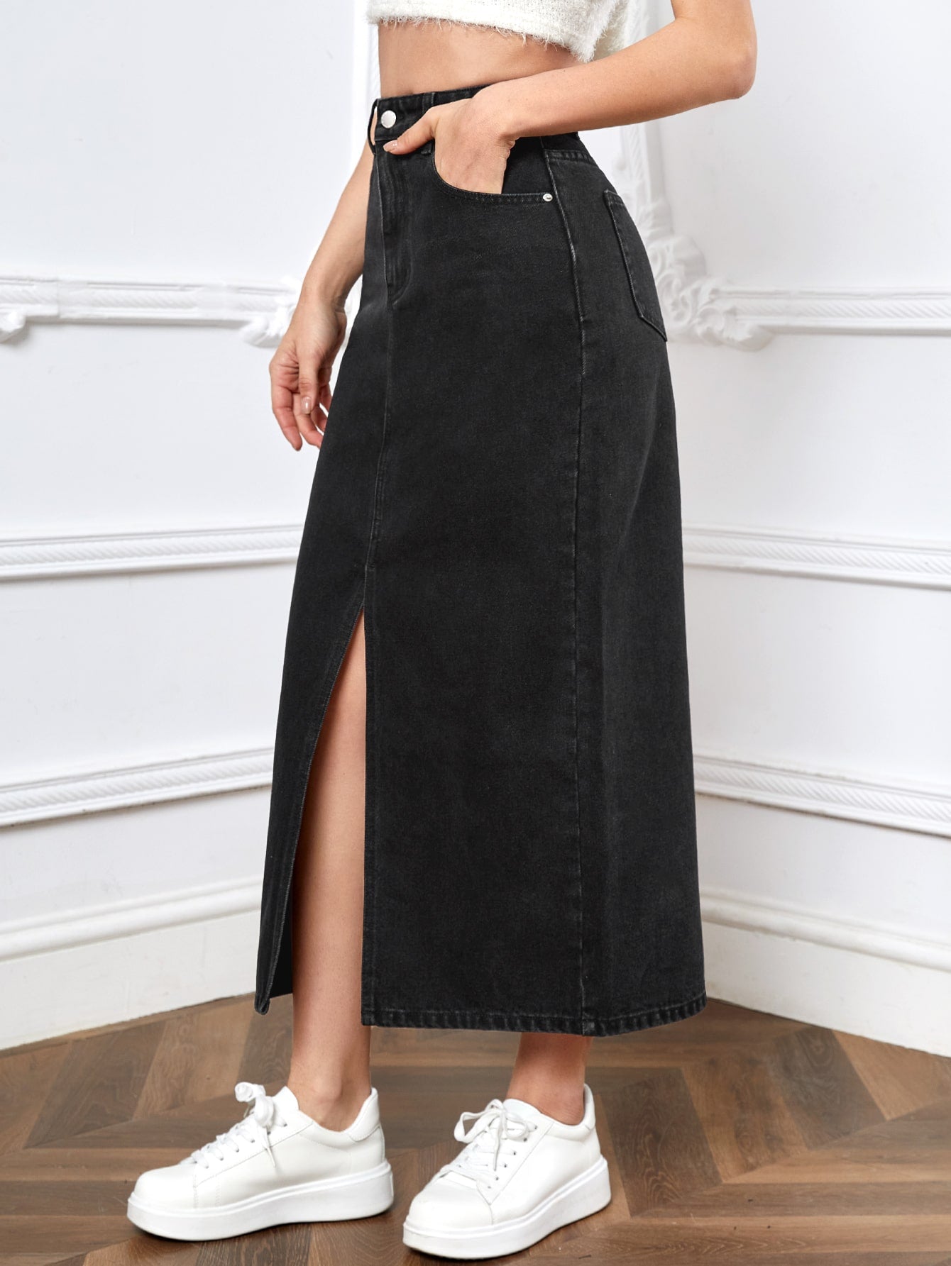 KOSSMOSS SOLID HIGH WAIST SLIT DENIM SKIRT