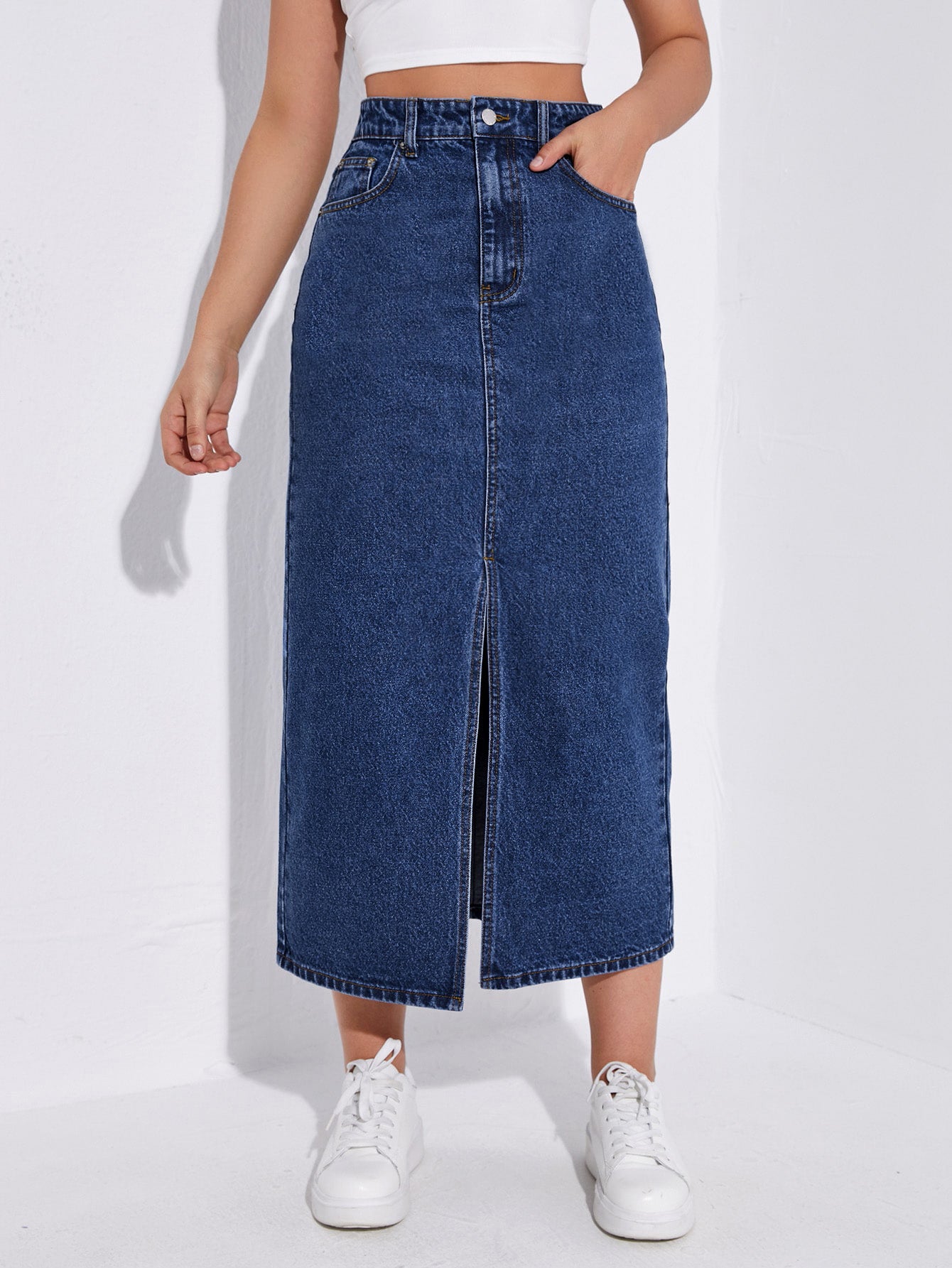 KOSSMOSS SOLID HIGH WAIST SLIT DENIM SKIRT