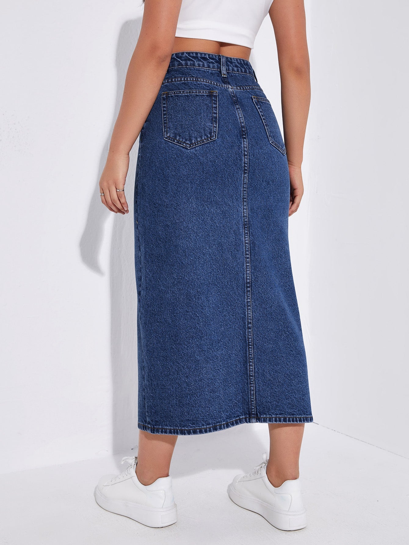 KOSSMOSS SOLID HIGH WAIST SLIT DENIM SKIRT