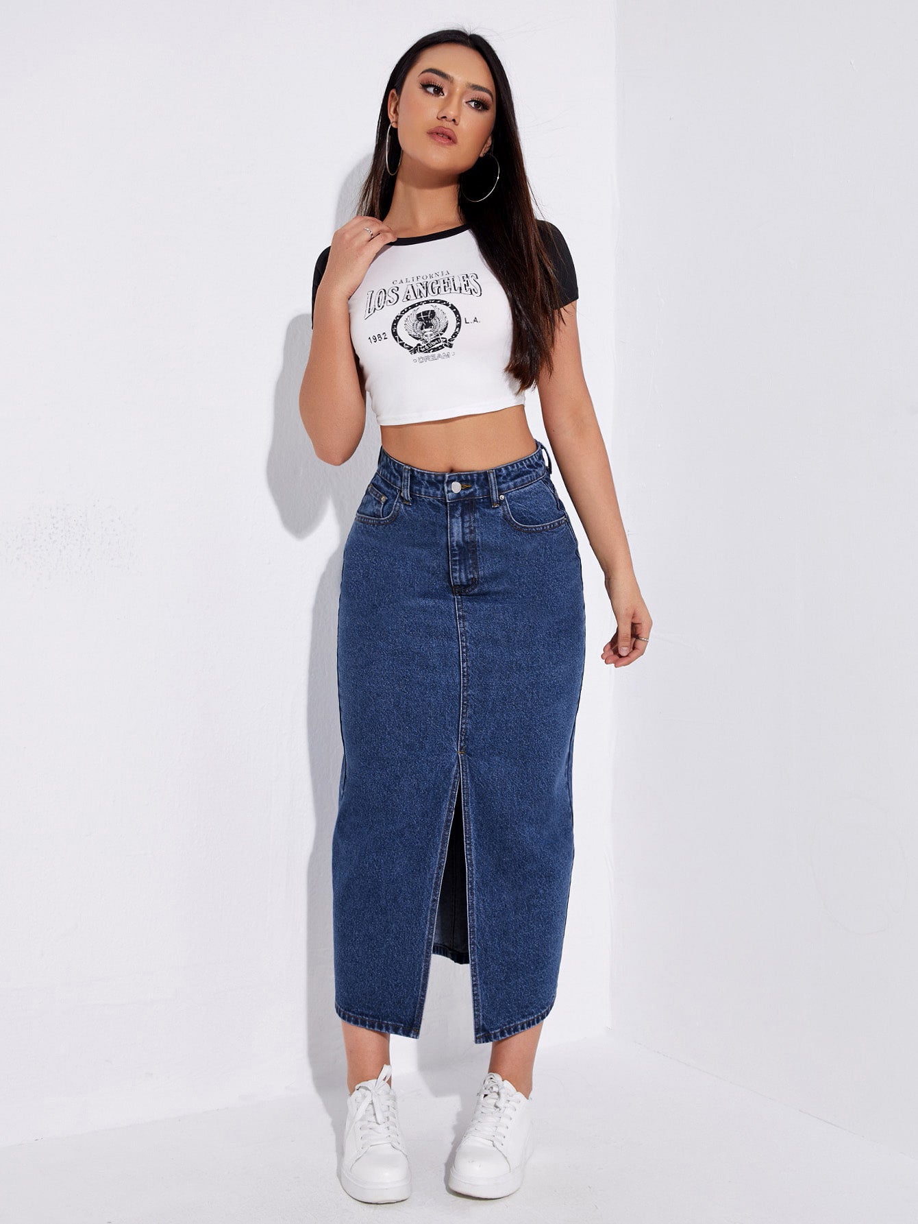 KOSSMOSS SOLID HIGH WAIST SLIT DENIM SKIRT