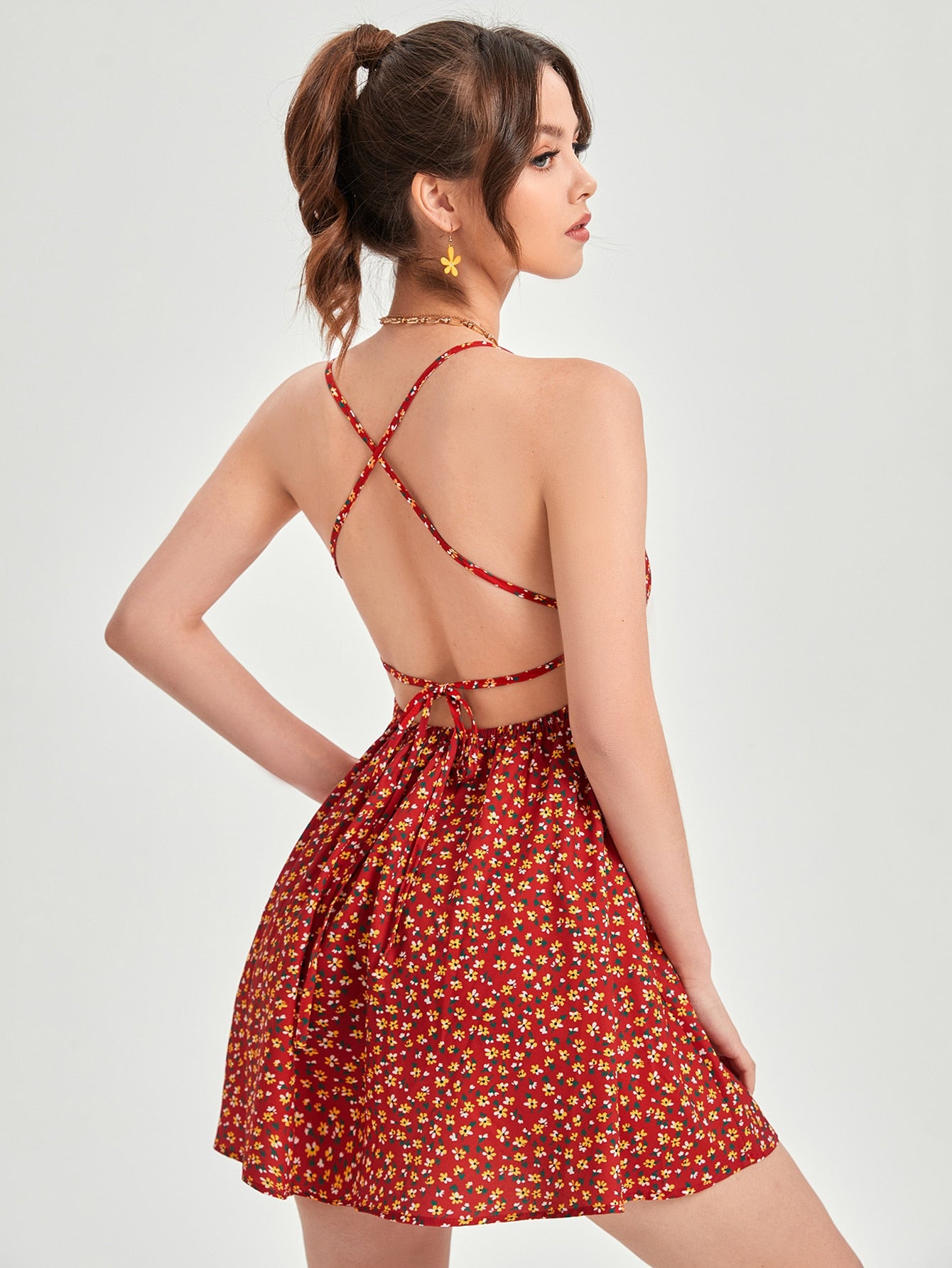 MOCHA LACE UP BACKLESS DITSY FLORAL CAMI DRESS – Aahwan